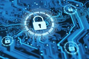 Digital padlock icons over a glowing blue circuit board, representing cybersecurity and data access protection.