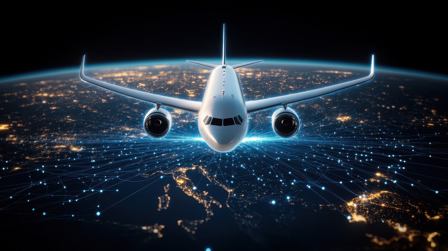adobestock_1183696993 Commercial jet over a digital network spanning the globe, illustrating connected aircraft and real-time aviation data