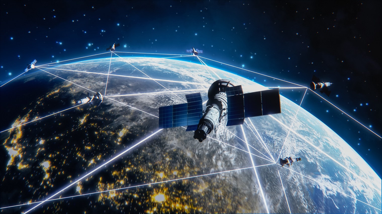 adobestock_594956182 Network of communication satellites circling Earth, illustrating satellite data link and connectivity for defense aircraft