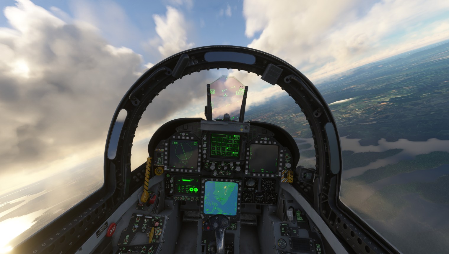 adobestock_691907907 F/A-18 fighter cockpit in flight with head-up display, multifunction displays, and moving map, representing defense displays