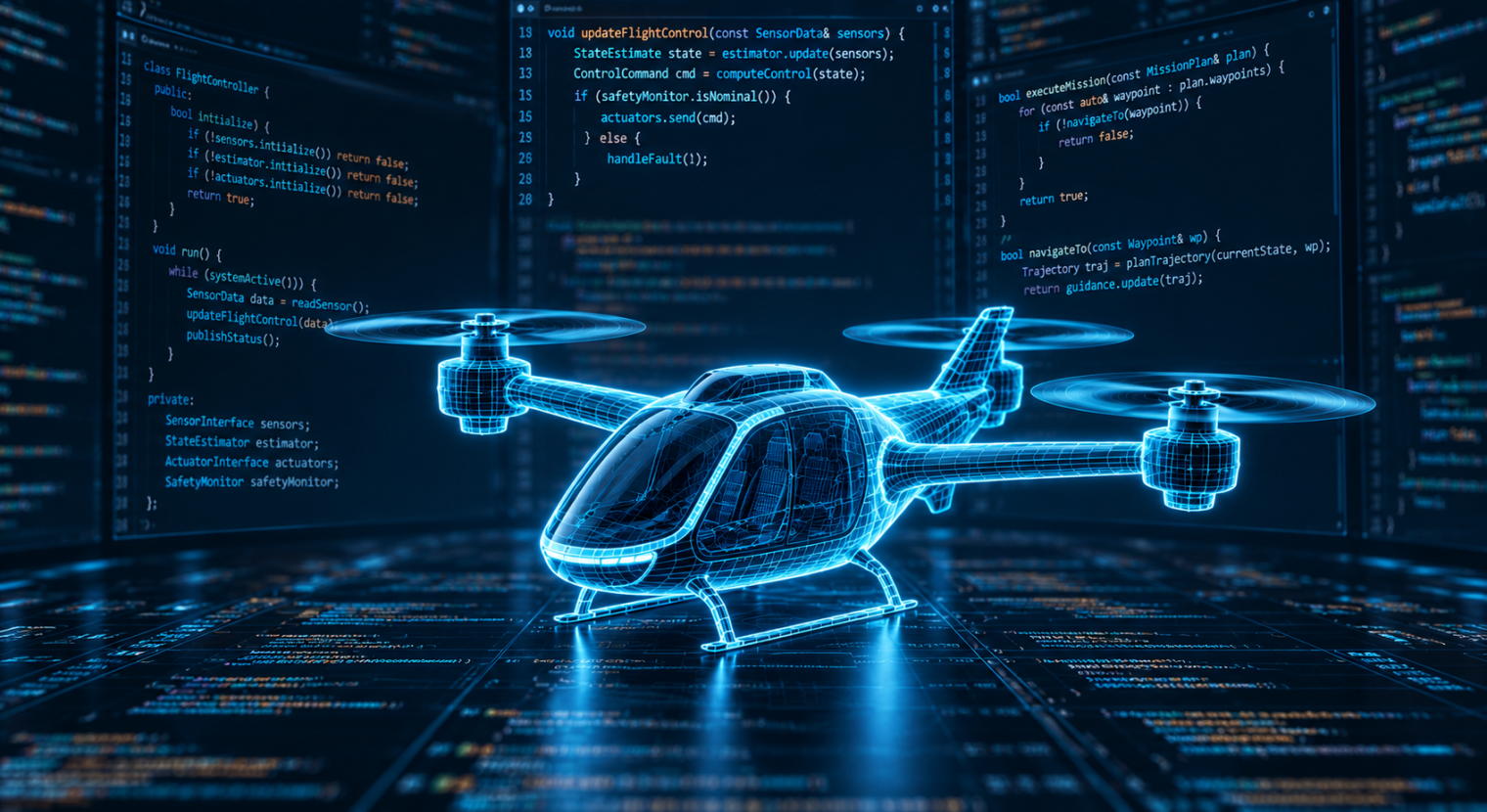 Wireframe eVTOL air taxi surrounded by screens of flight control source code, representing AAM flight software development