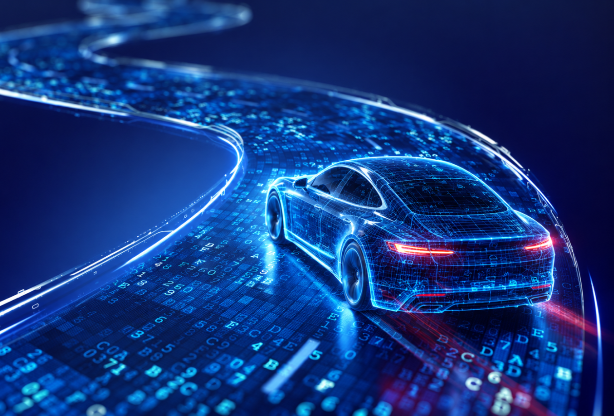 holographic-car-on-a-digital-highway Holographic wireframe car driving on a winding road made of digital code, representing automotive safety-critical software