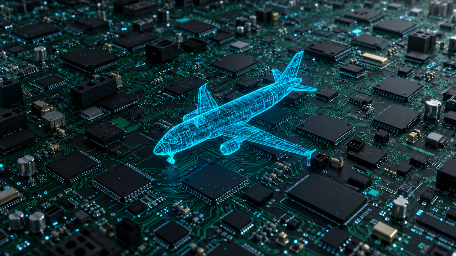 neon-wireframe-airliner-over-circuitry Glowing wireframe airliner resting on a circuit board with microchips, representing embedded avionics hardware and software