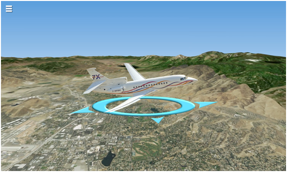 pnav-cabin-map-photo Interactive 3D moving map display with aircraft over mountain terrain for in-flight passenger information